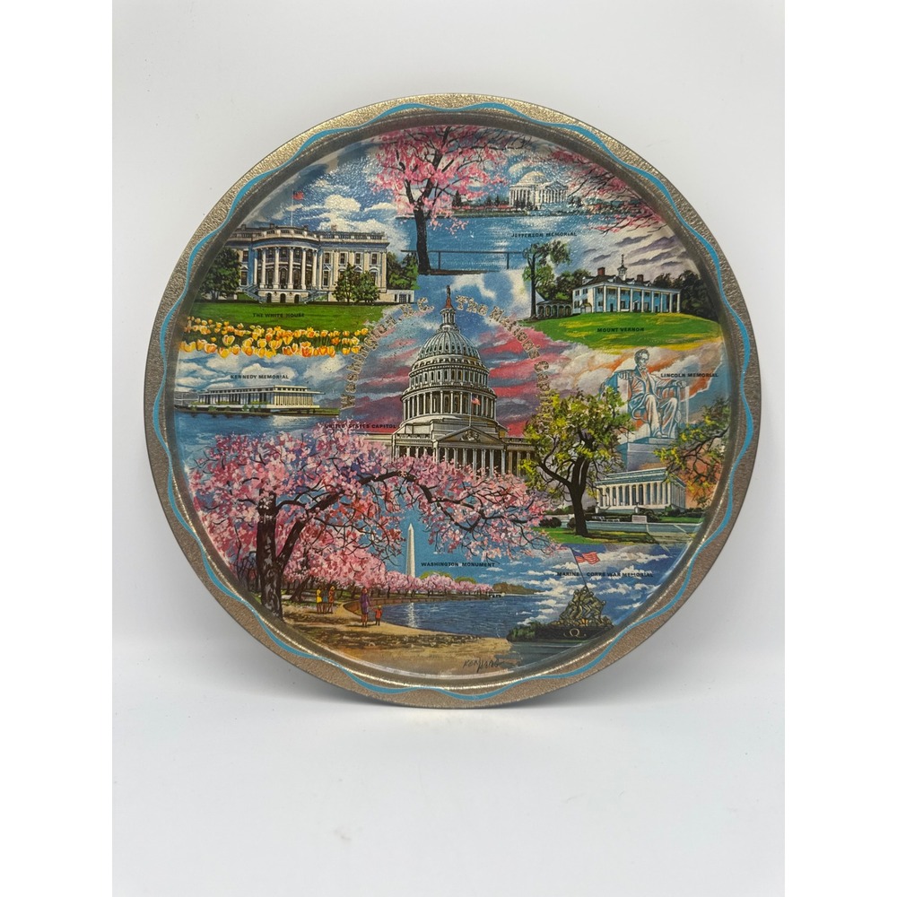 Vintage Washington DC The Nations Capital Souvenir Tin Tray Cherry Blossoms 11in